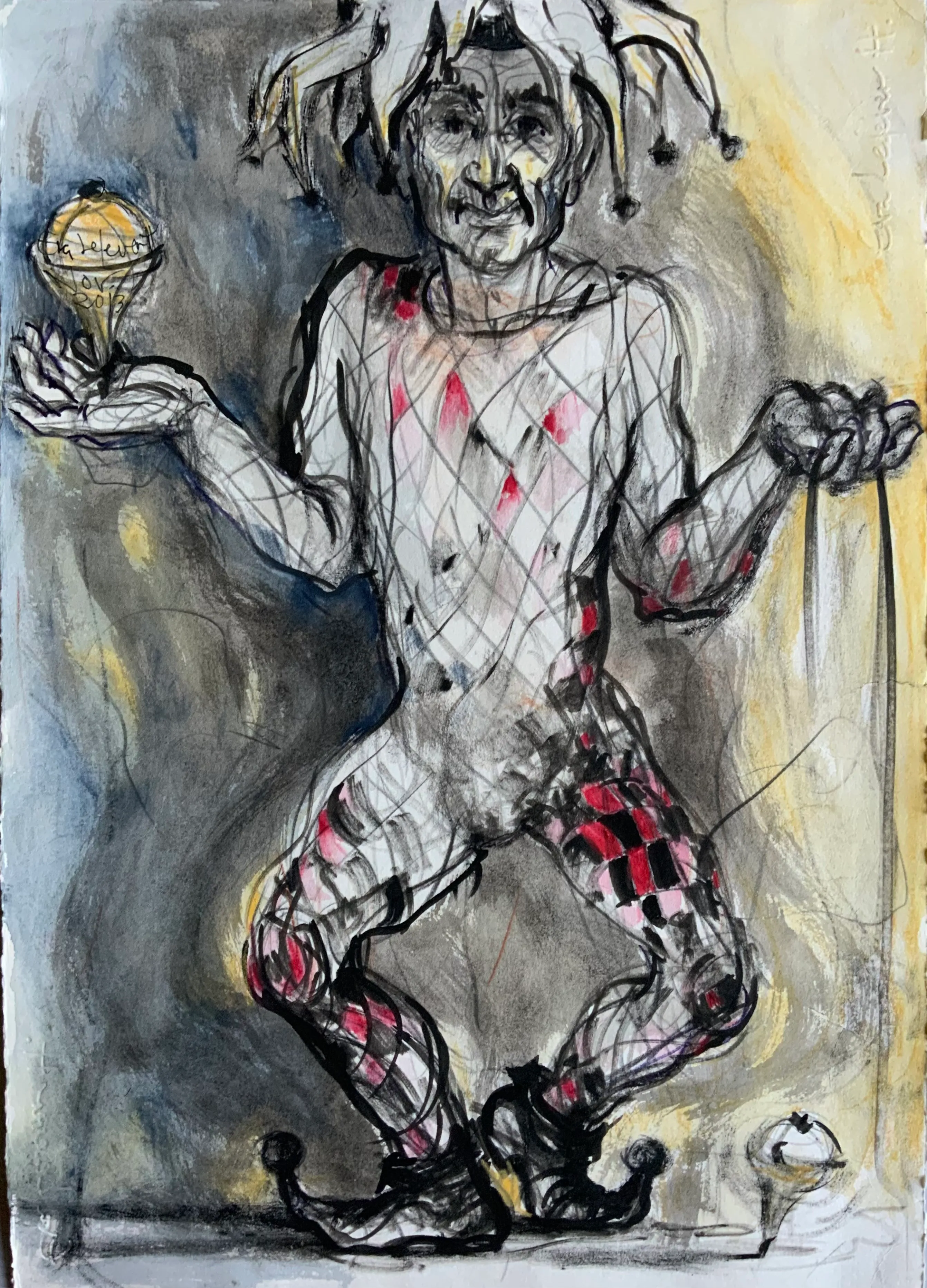 Obra "Arlequín con trompos bailando" de Eva Lefever