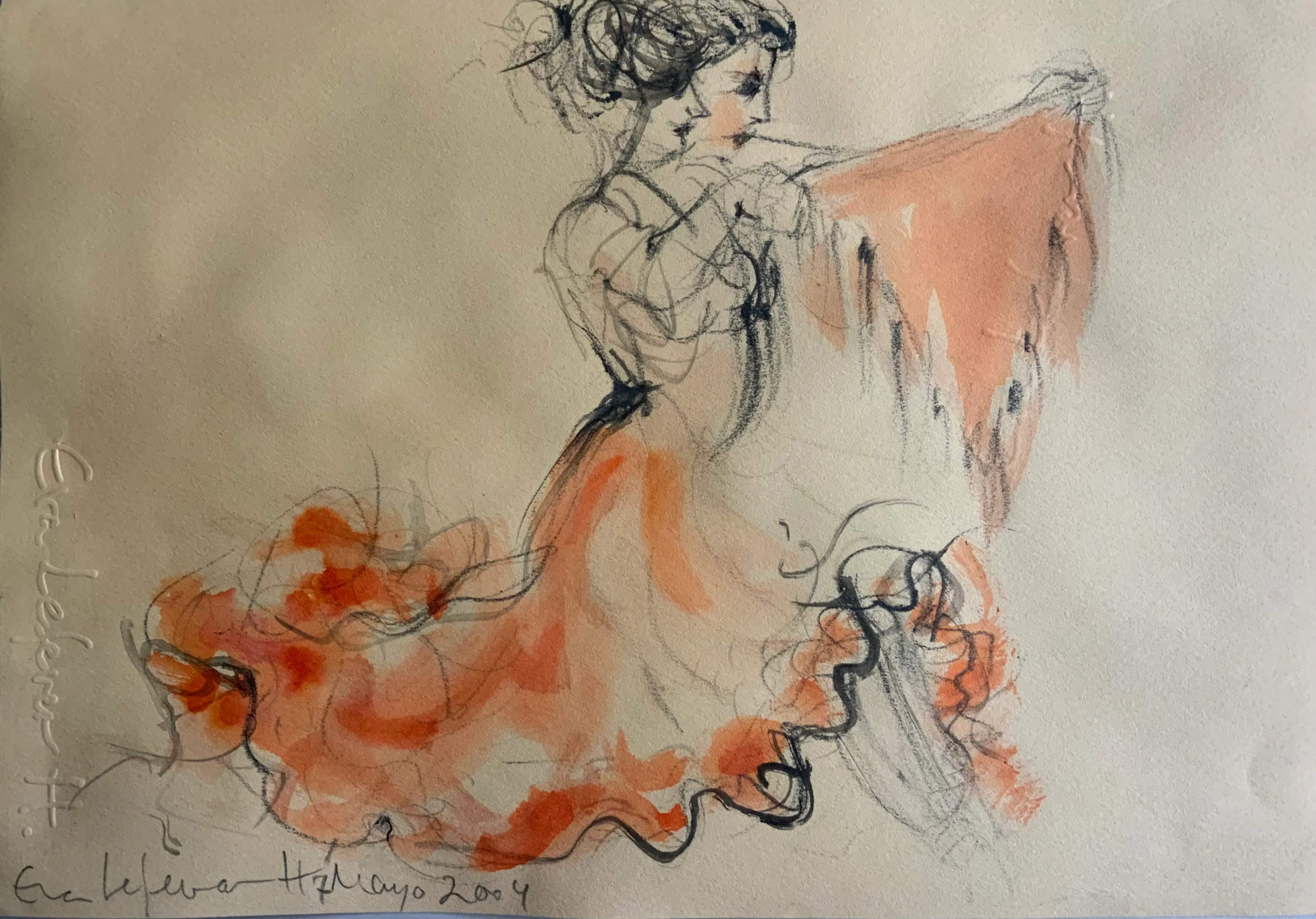 Obra "Bailaora con vestido y pañuelo en bermellón" de Eva Lefever