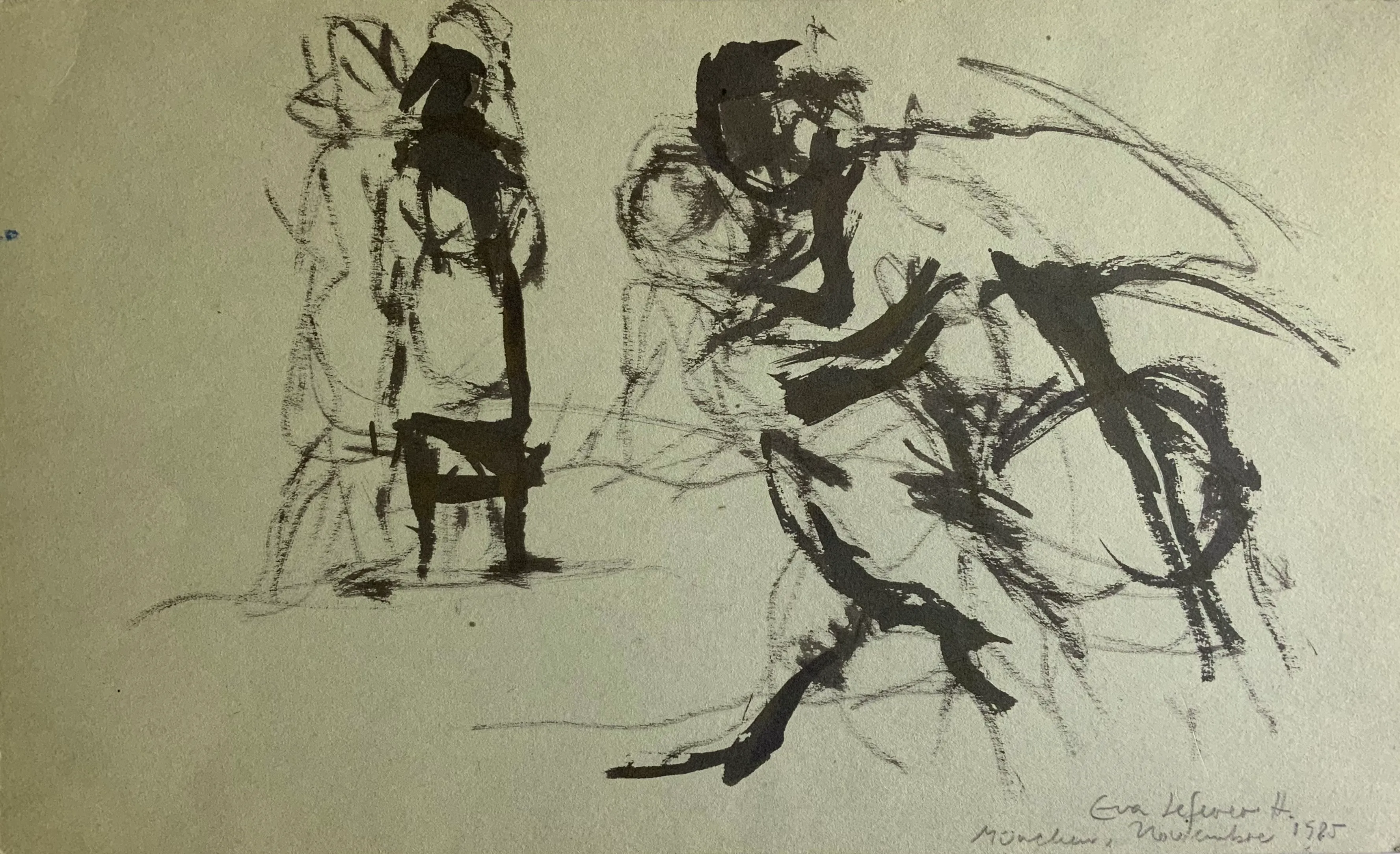Obra "Dos figuras y pareja de ángeles" de Eva Lefever