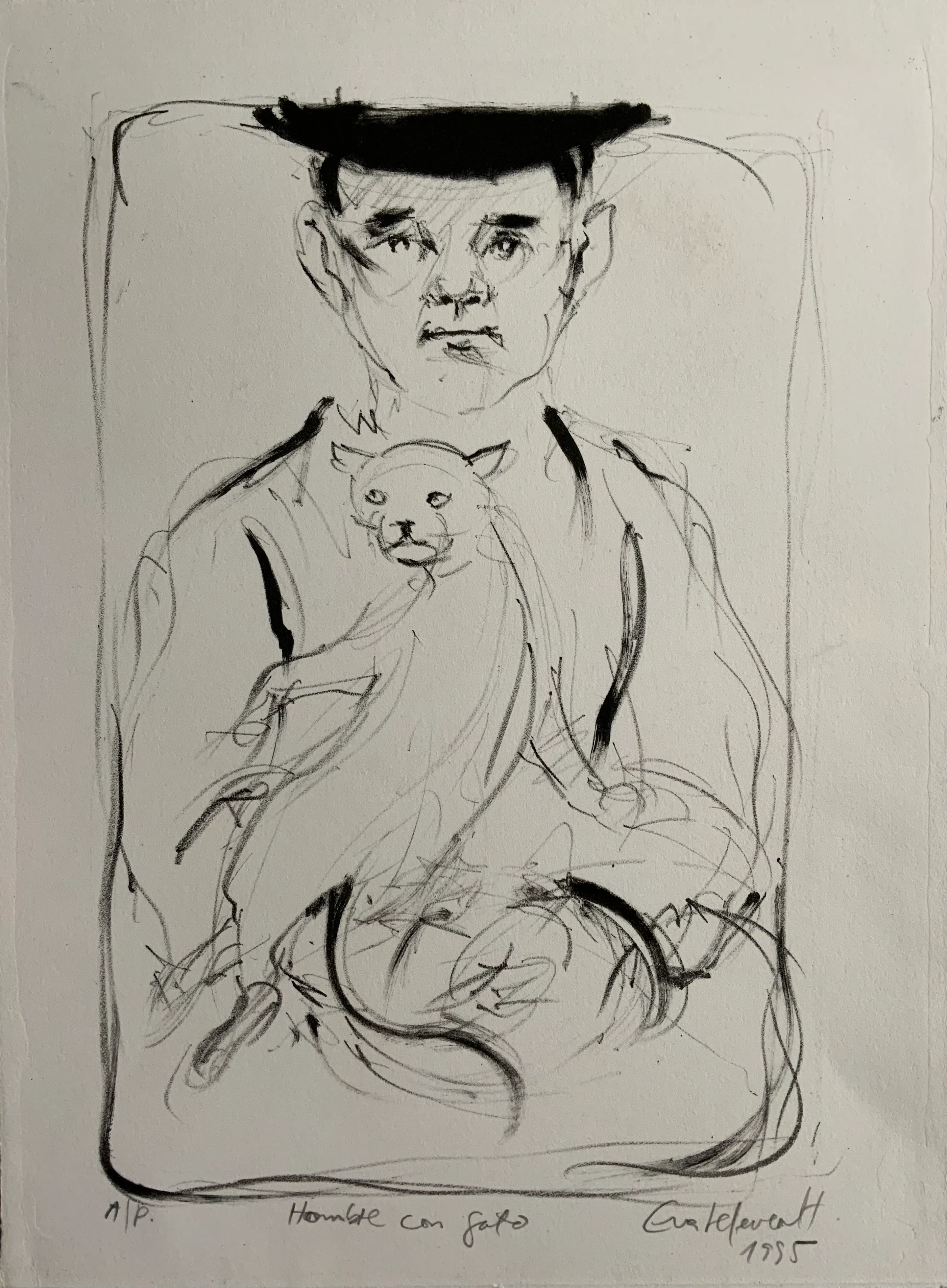 Obra "Hombre con gato" de Eva Lefever