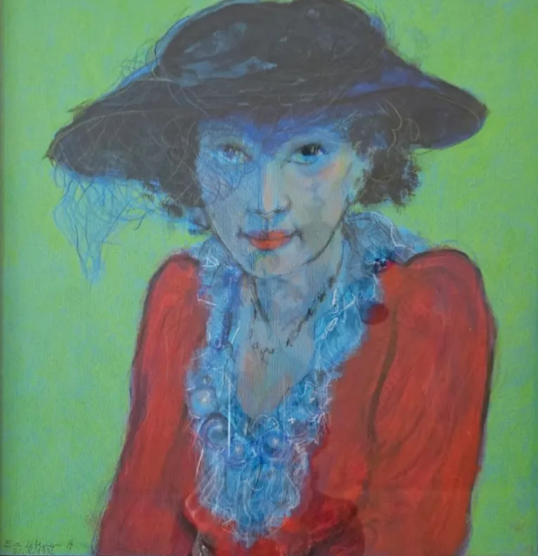 Obra "Mujer con sombrero y fondo verde" de Eva Lefever