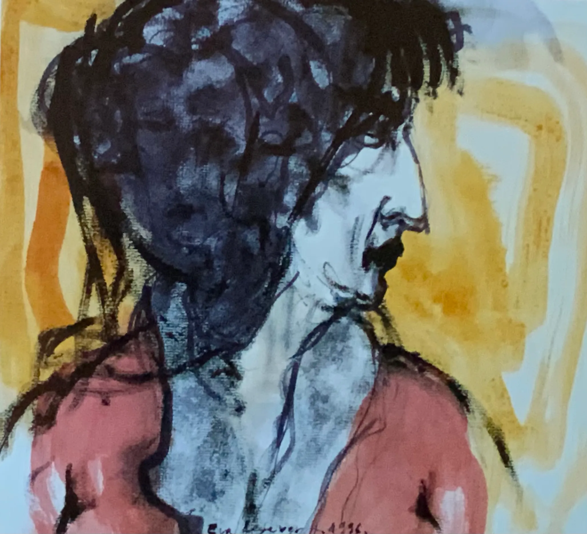 Obra "Mujer de perfil con fondo naranja" de Eva Lefever