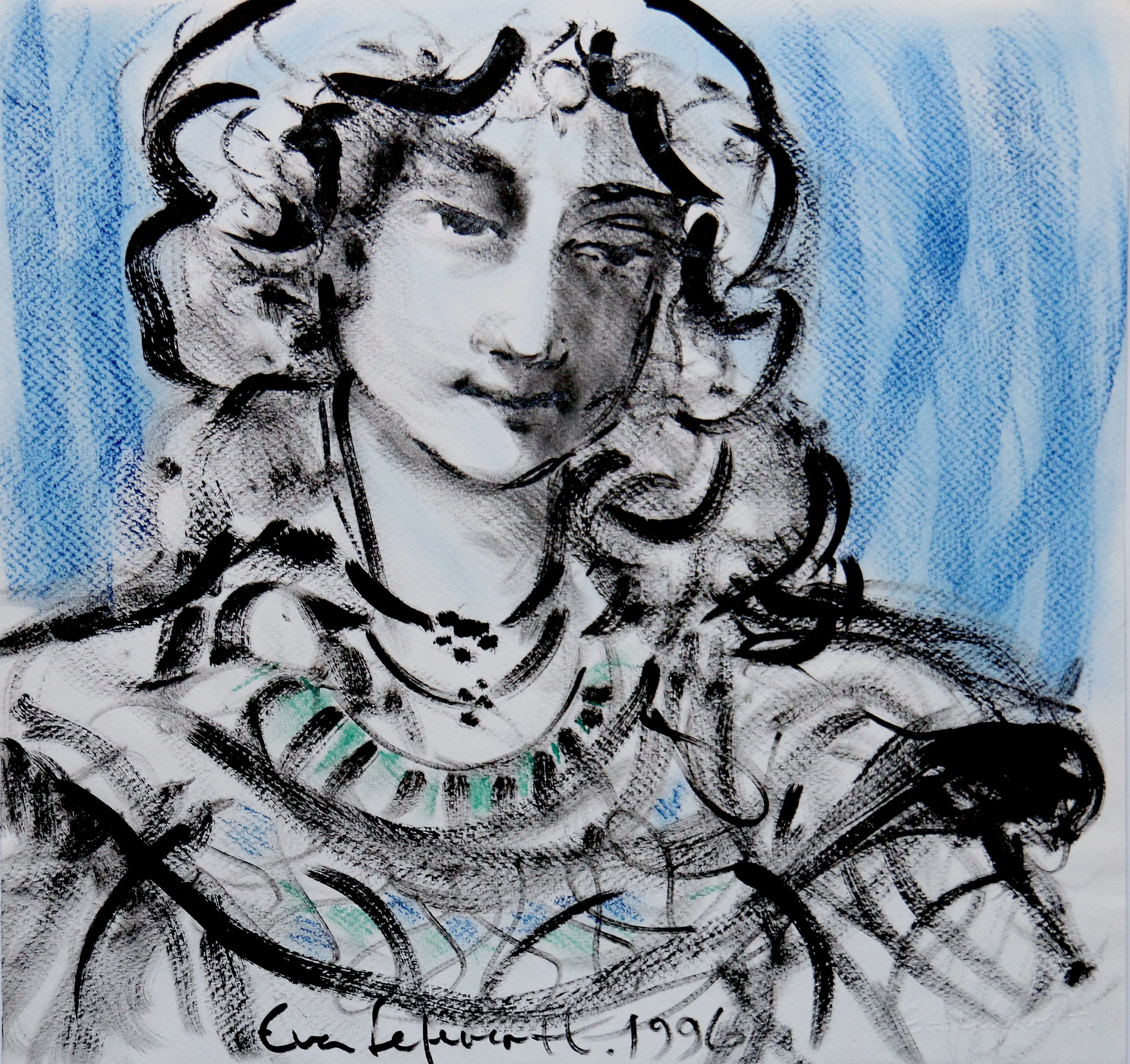 Obra "Mujer joven con fondo azul" de Eva Lefever