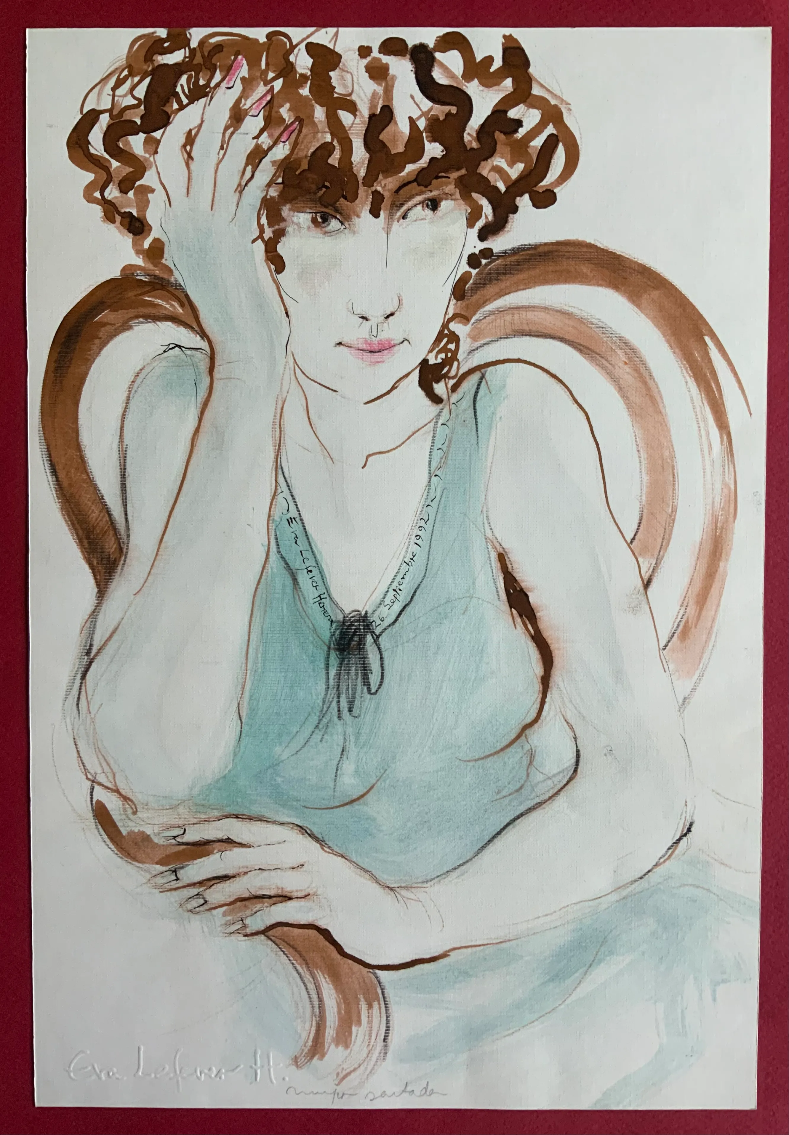 Obra "Mujer joven en sepia y verde" de Eva Lefever